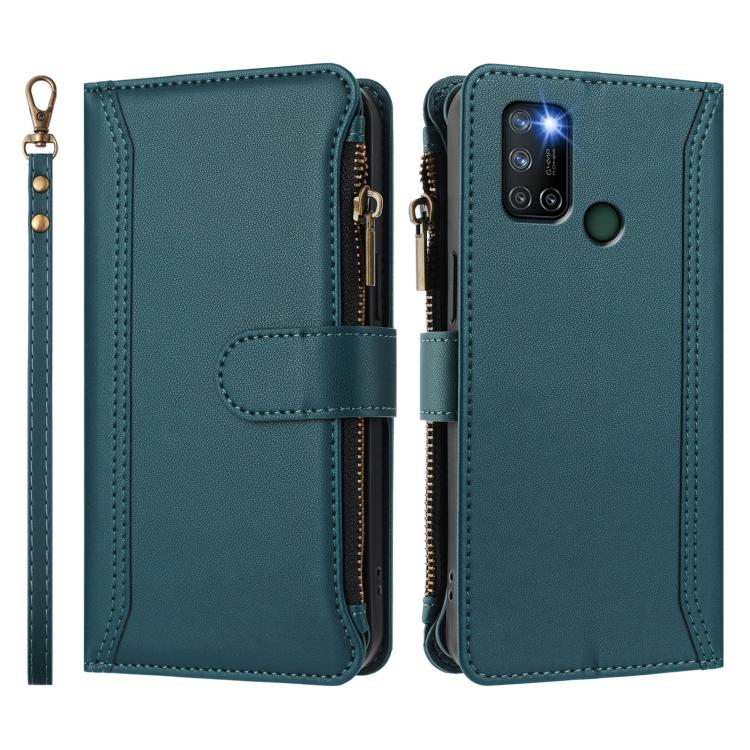 For Realme C17 / 7i Magnetic Closure 9 Card Slots Zipper Leather Case with Hand Strap