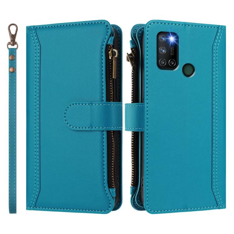 For Realme C17 / 7i Magnetic Closure 9 Card Slots Zipper Leather Case with Hand Strap