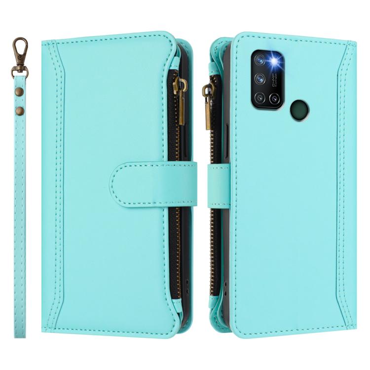 For Realme C17 / 7i Magnetic Closure 9 Card Slots Zipper Leather Case with Hand Strap