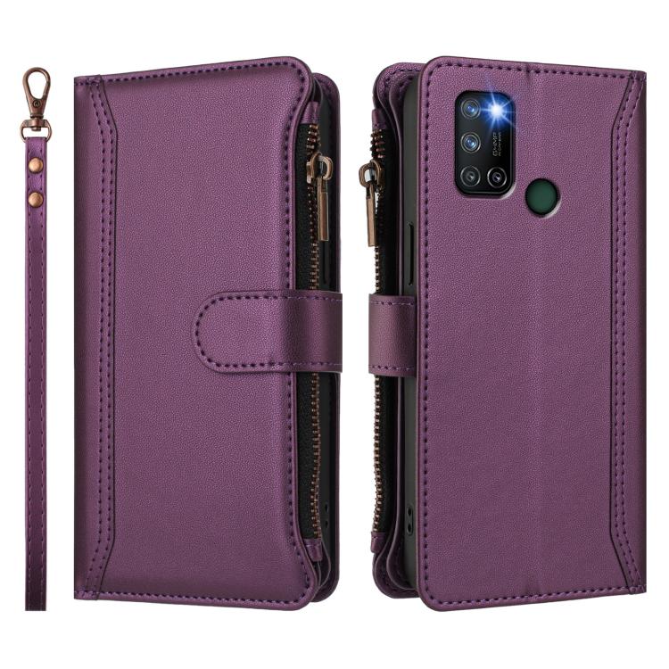 For Realme C17 / 7i Magnetic Closure 9 Card Slots Zipper Leather Case with Hand Strap