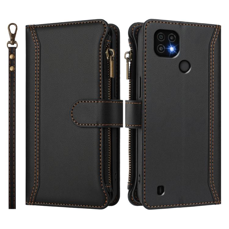 For Realme C20 / C11 2021 / C21 Magnetic Closure 9 Card Slots Zipper Leather Case with Hand Strap