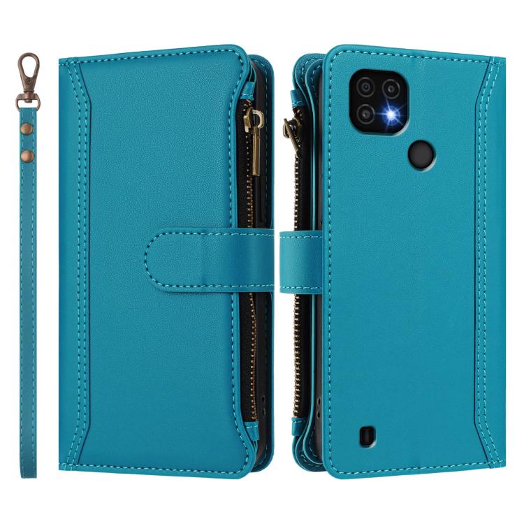 For Realme C20 / C11 2021 / C21 Magnetic Closure 9 Card Slots Zipper Leather Case with Hand Strap