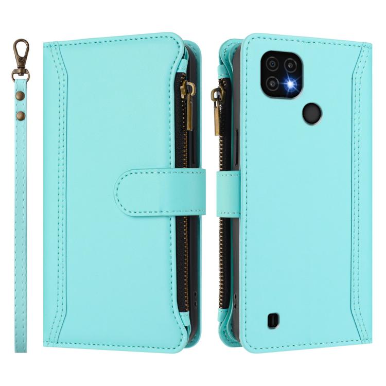 For Realme C20 / C11 2021 / C21 Magnetic Closure 9 Card Slots Zipper Leather Case with Hand Strap