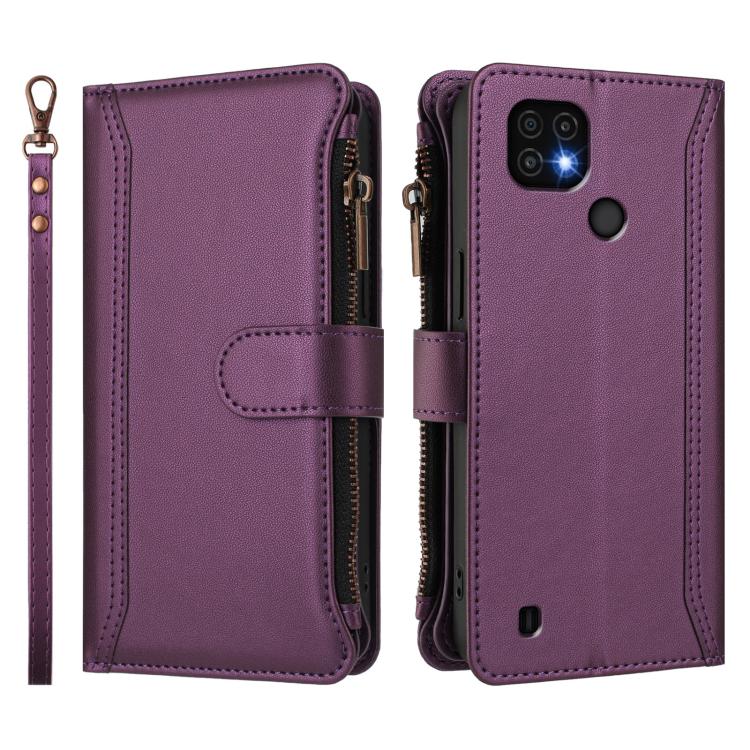 For Realme C20 / C11 2021 / C21 Magnetic Closure 9 Card Slots Zipper Leather Case with Hand Strap