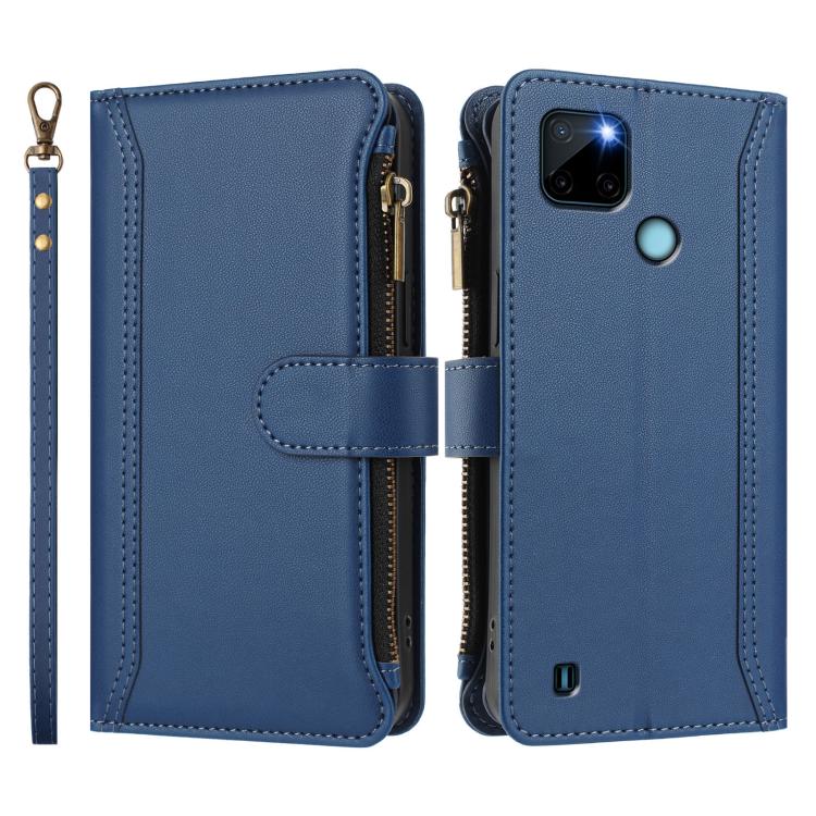 For Realme C21Y Magnetic Closure 9 Card Slots Zipper Leather Case with Hand Strap