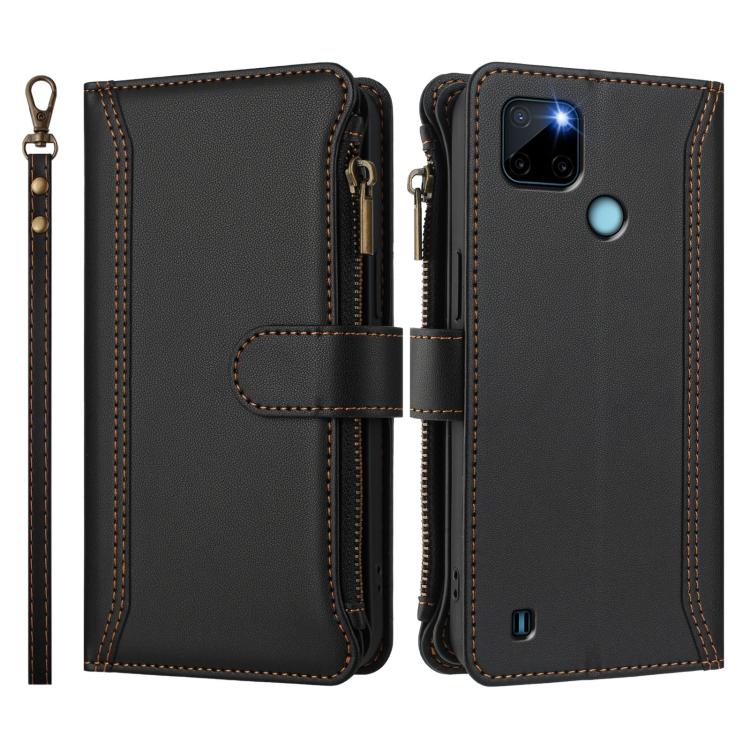 For Realme C21Y Magnetic Closure 9 Card Slots Zipper Leather Case with Hand Strap