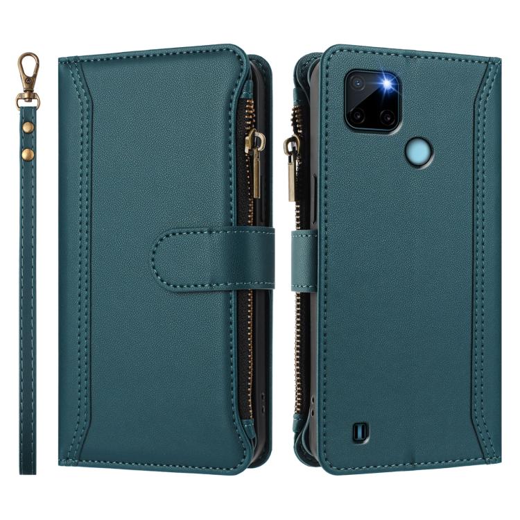 For Realme C21Y Magnetic Closure 9 Card Slots Zipper Leather Case with Hand Strap
