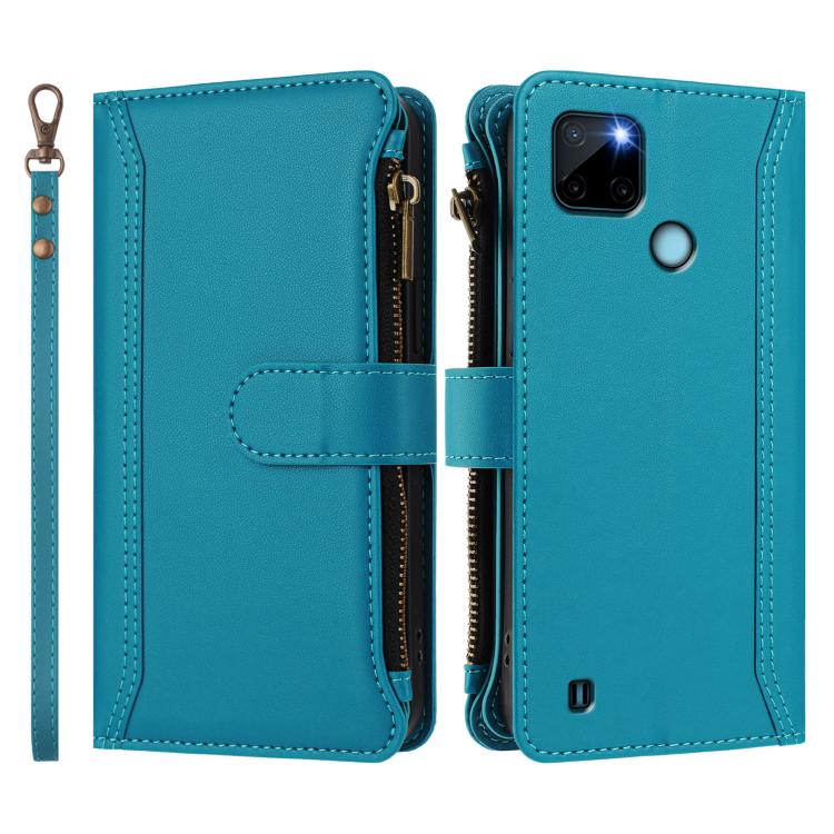 For Realme C21Y Magnetic Closure 9 Card Slots Zipper Leather Case with Hand Strap