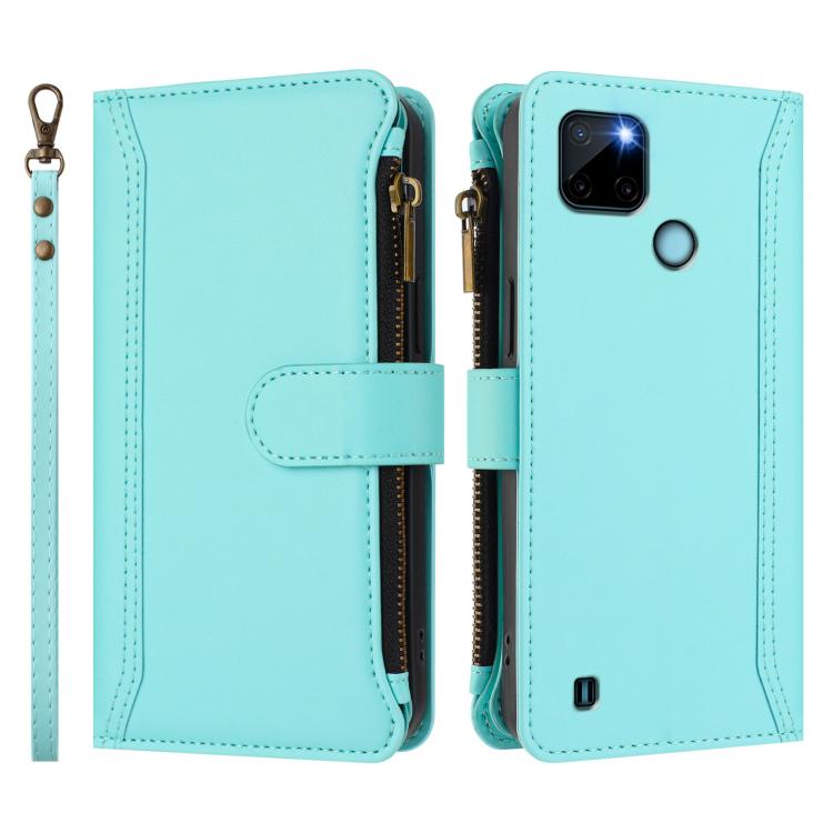 For Realme C21Y Magnetic Closure 9 Card Slots Zipper Leather Case with Hand Strap