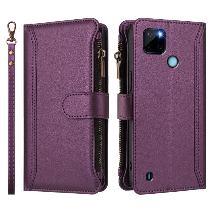 For Realme C21Y Magnetic Closure 9 Card Slots Zipper Leather Case with Hand Strap