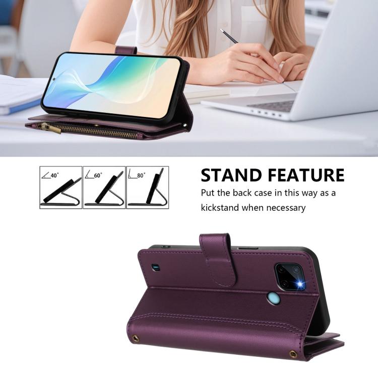 For Realme C21Y Magnetic Closure 9 Card Slots Zipper Leather Case with Hand Strap