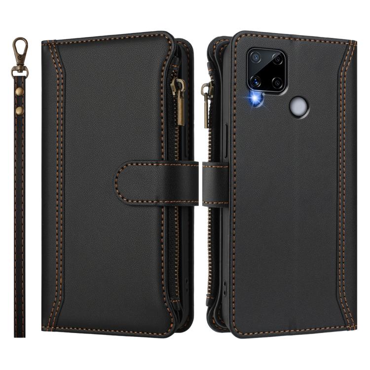 For Realme C25 / C15 / C12 / C25S Magnetic Closure 9 Card Slots Zipper Leather Case with Hand Strap
