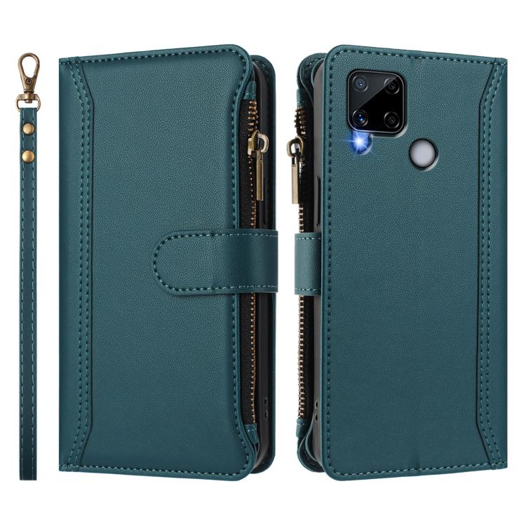 For Realme C25 / C15 / C12 / C25S Magnetic Closure 9 Card Slots Zipper Leather Case with Hand Strap