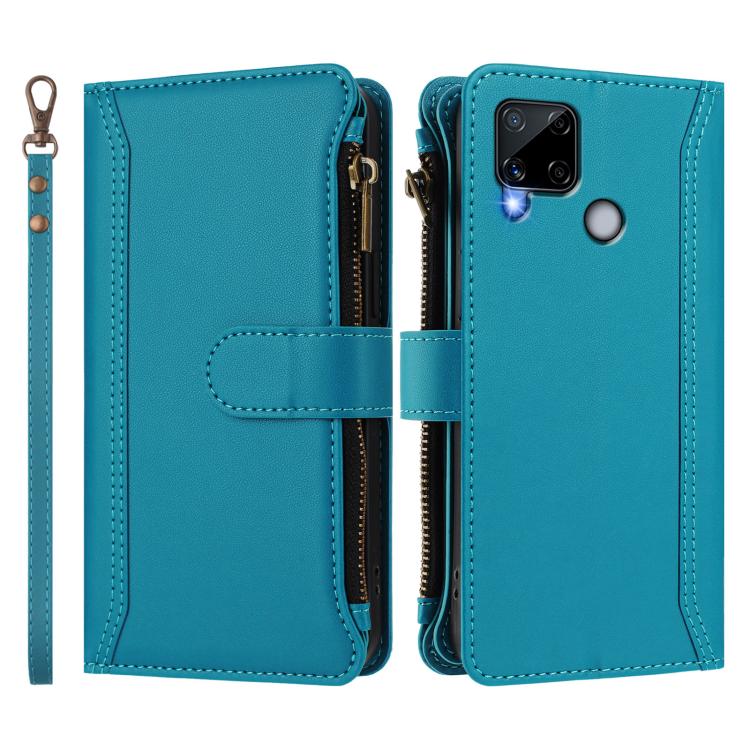 For Realme C25 / C15 / C12 / C25S Magnetic Closure 9 Card Slots Zipper Leather Case with Hand Strap