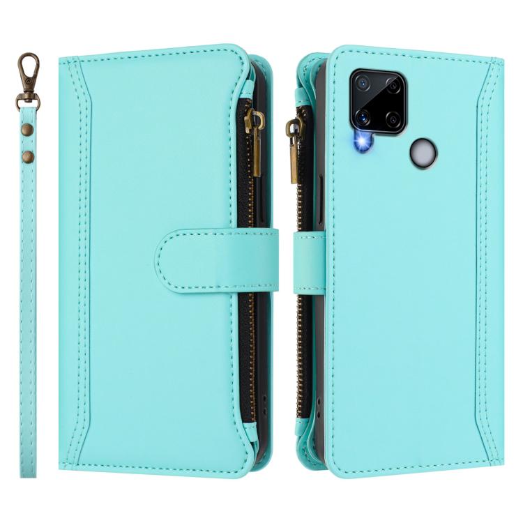 For Realme C25 / C15 / C12 / C25S Magnetic Closure 9 Card Slots Zipper Leather Case with Hand Strap