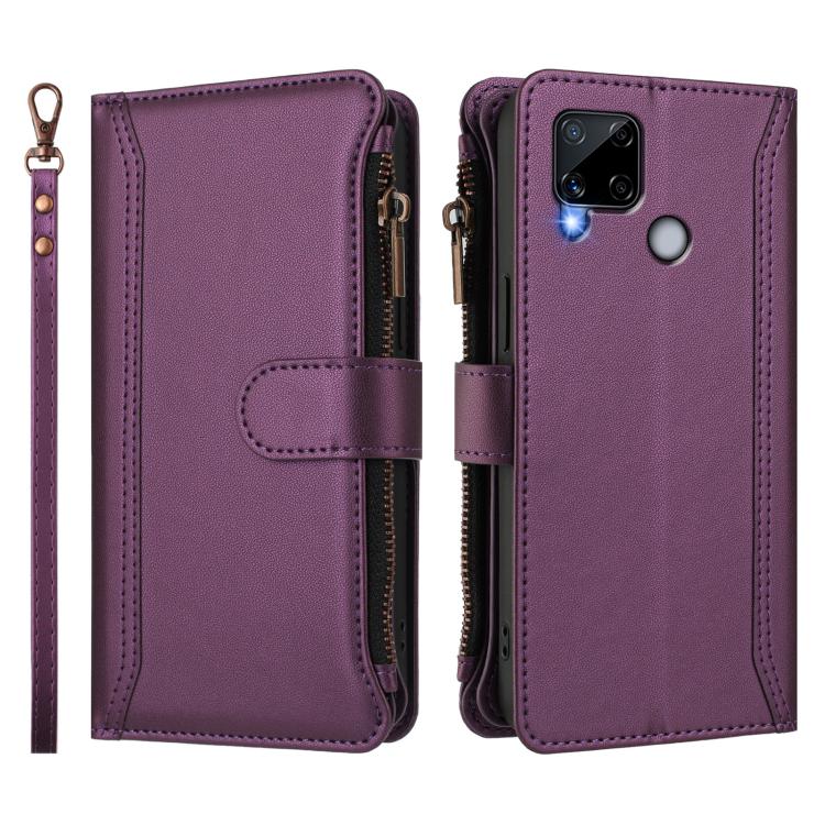 For Realme C25 / C15 / C12 / C25S Magnetic Closure 9 Card Slots Zipper Leather Case with Hand Strap
