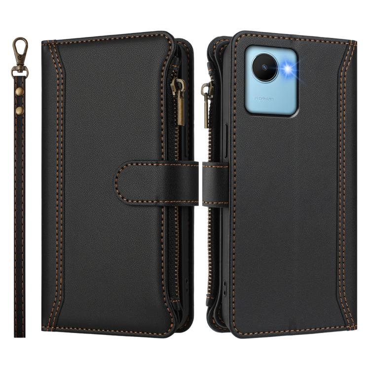For Realme C30 4G / Narzo 50i Prime / C30S Magnetic Closure 9 Card Slots Zipper Leather Case with Hand Strap