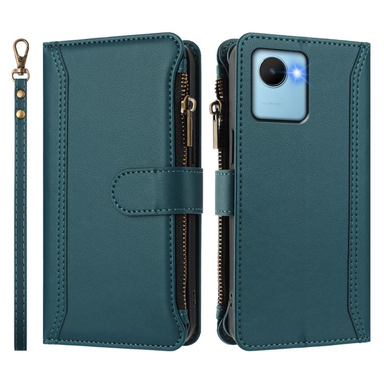 For Realme C30 4G / Narzo 50i Prime / C30S Magnetic Closure 9 Card Slots Zipper Leather Case with Hand Strap