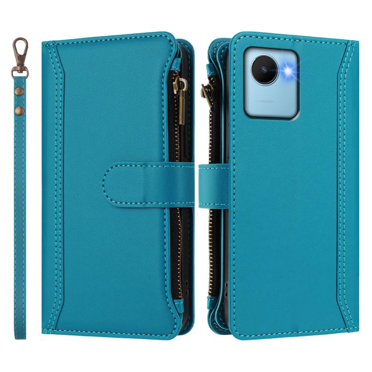 For Realme C30 4G / Narzo 50i Prime / C30S Magnetic Closure 9 Card Slots Zipper Leather Case with Hand Strap