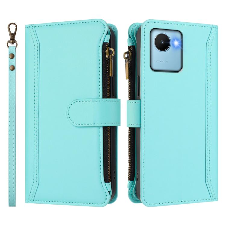 For Realme C30 4G / Narzo 50i Prime / C30S Magnetic Closure 9 Card Slots Zipper Leather Case with Hand Strap