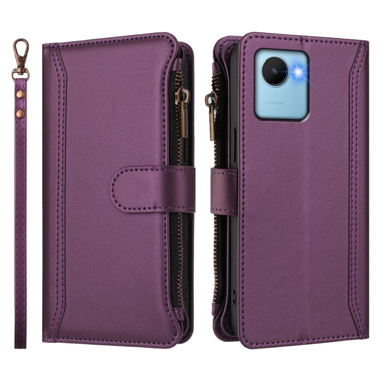 For Realme C30 4G / Narzo 50i Prime / C30S Magnetic Closure 9 Card Slots Zipper Leather Case with Hand Strap