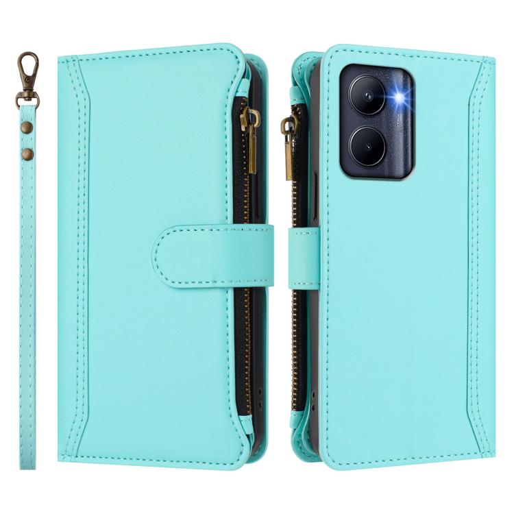 For Realme C33 2022 Global / C33 2023 Global Magnetic Closure 9 Card Slots Zipper Leather Case with Hand Strap