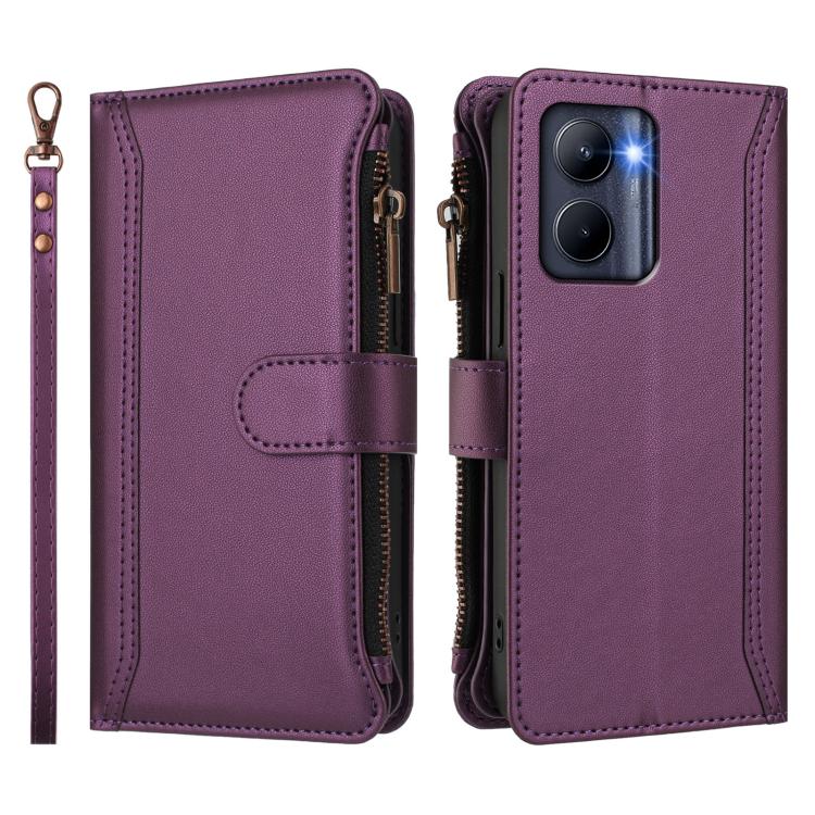 For Realme C33 2022 Global / C33 2023 Global Magnetic Closure 9 Card Slots Zipper Leather Case with Hand Strap
