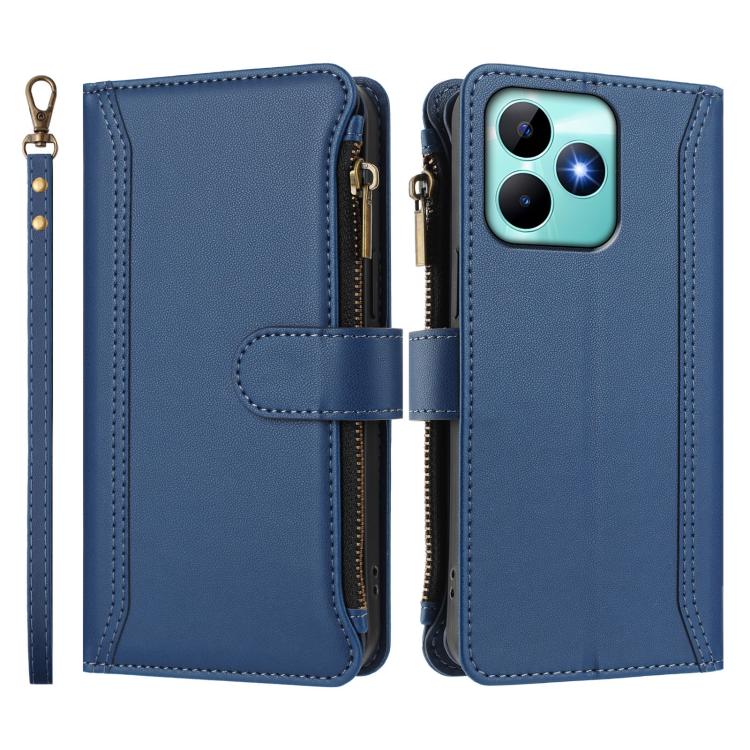 For Realme C53 4G Global / C51 4G Magnetic Closure 9 Card Slots Zipper Leather Case with Hand Strap