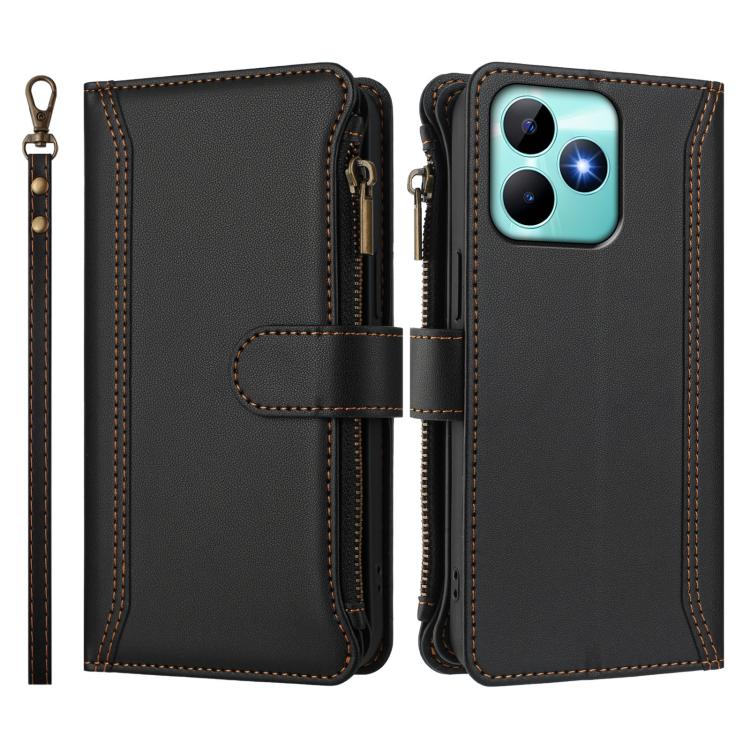 For Realme C53 4G Global / C51 4G Magnetic Closure 9 Card Slots Zipper Leather Case with Hand Strap
