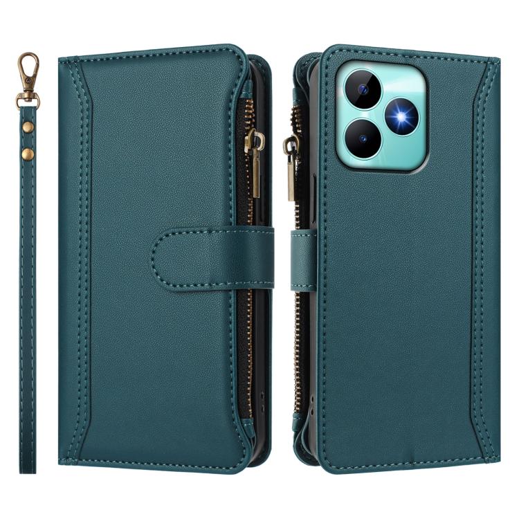 For Realme C53 4G Global / C51 4G Magnetic Closure 9 Card Slots Zipper Leather Case with Hand Strap