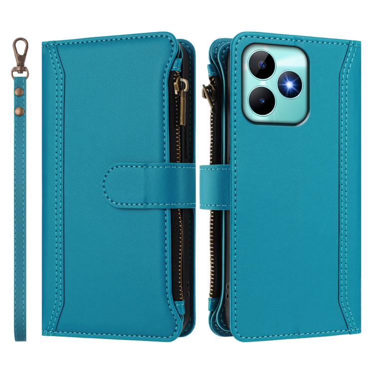 For Realme C53 4G Global / C51 4G Magnetic Closure 9 Card Slots Zipper Leather Case with Hand Strap