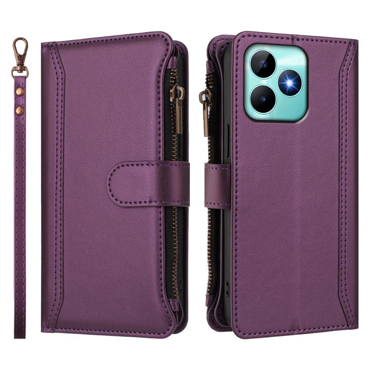 For Realme C53 4G Global / C51 4G Magnetic Closure 9 Card Slots Zipper Leather Case with Hand Strap