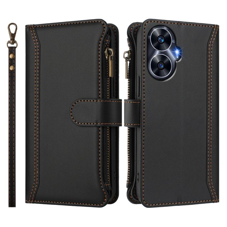 For Realme C55 4G Global / Narzo N55 Magnetic Closure 9 Card Slots Zipper Leather Case with Hand Strap