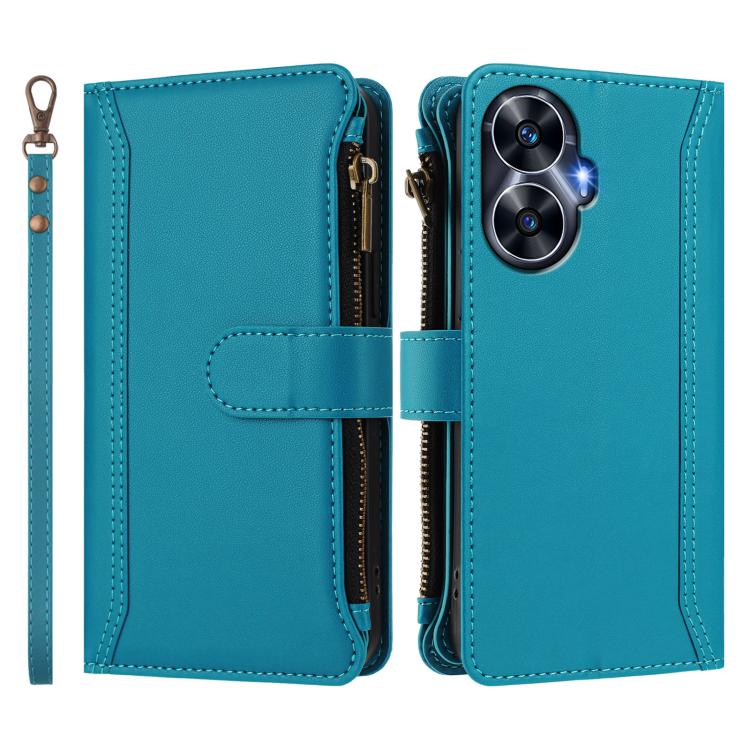 For Realme C55 4G Global / Narzo N55 Magnetic Closure 9 Card Slots Zipper Leather Case with Hand Strap