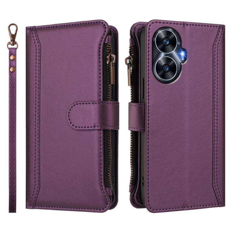 For Realme C55 4G Global / Narzo N55 Magnetic Closure 9 Card Slots Zipper Leather Case with Hand Strap