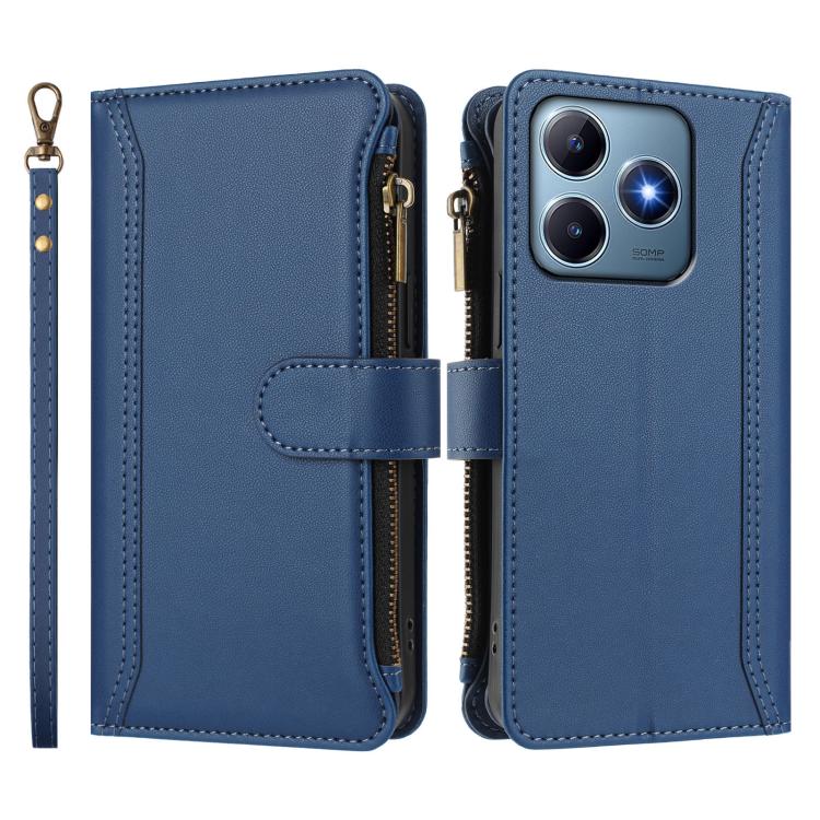 For Realme C63 4G Global / Narzo N63 4G Magnetic Closure 9 Card Slots Zipper Leather Case with Hand Strap