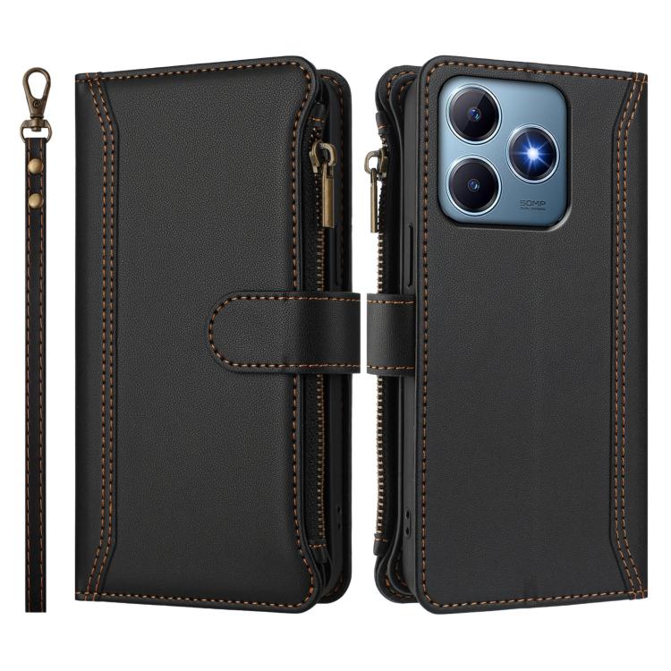 For Realme C63 4G Global / Narzo N63 4G Magnetic Closure 9 Card Slots Zipper Leather Case with Hand Strap