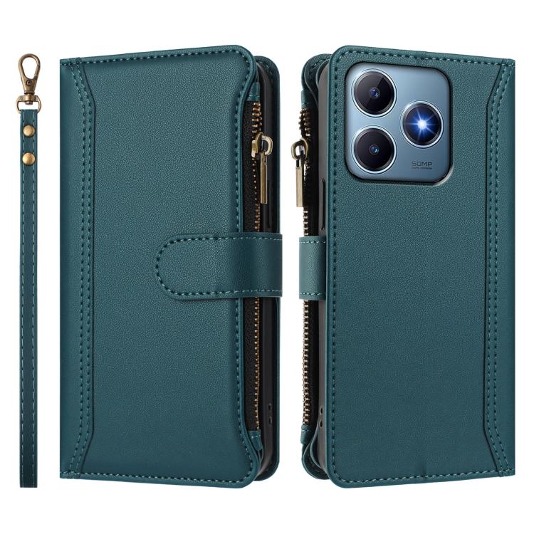 For Realme C63 4G Global / Narzo N63 4G Magnetic Closure 9 Card Slots Zipper Leather Case with Hand Strap