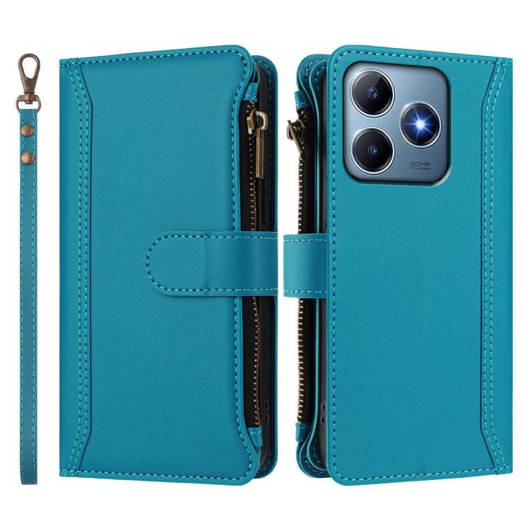 For Realme C63 4G Global / Narzo N63 4G Magnetic Closure 9 Card Slots Zipper Leather Case with Hand Strap