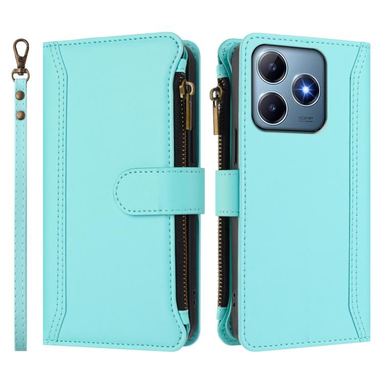 For Realme C63 4G Global / Narzo N63 4G Magnetic Closure 9 Card Slots Zipper Leather Case with Hand Strap