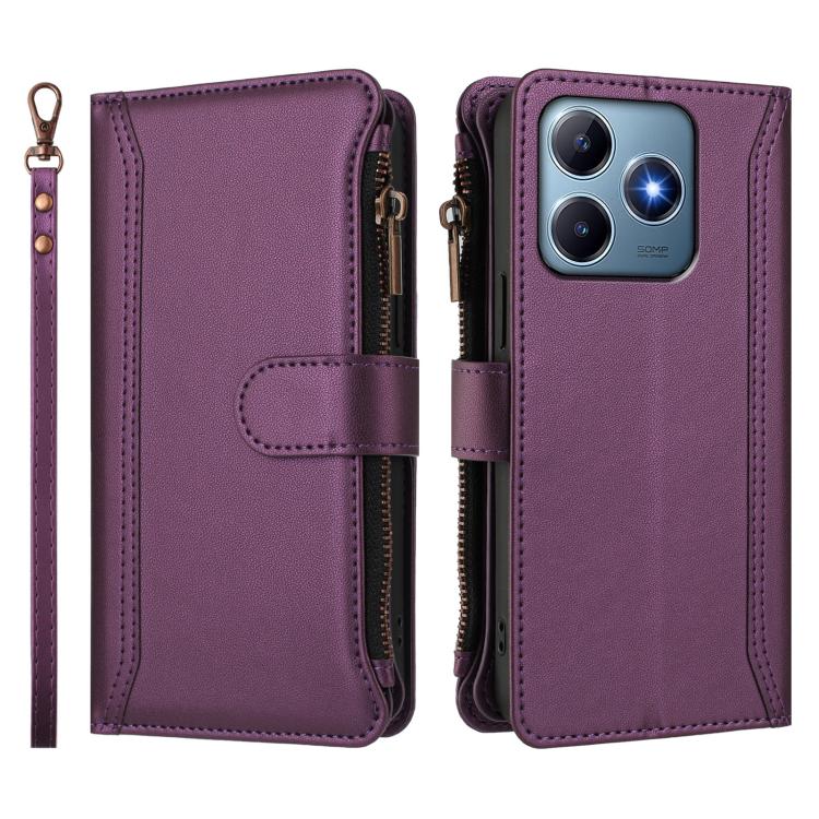 For Realme C63 4G Global / Narzo N63 4G Magnetic Closure 9 Card Slots Zipper Leather Case with Hand Strap