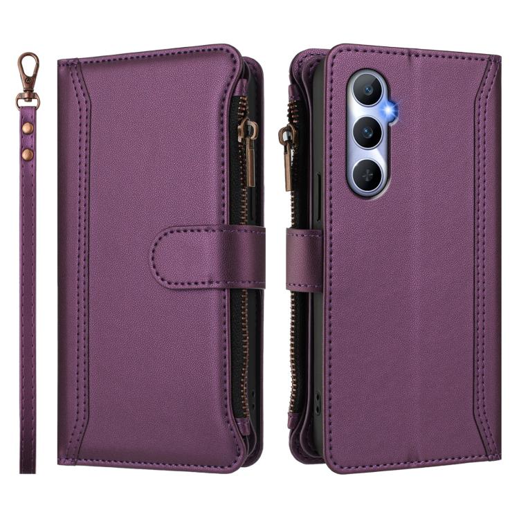 For Realme C65 4G Global Magnetic Closure 9 Card Slots Zipper Leather Case with Hand Strap