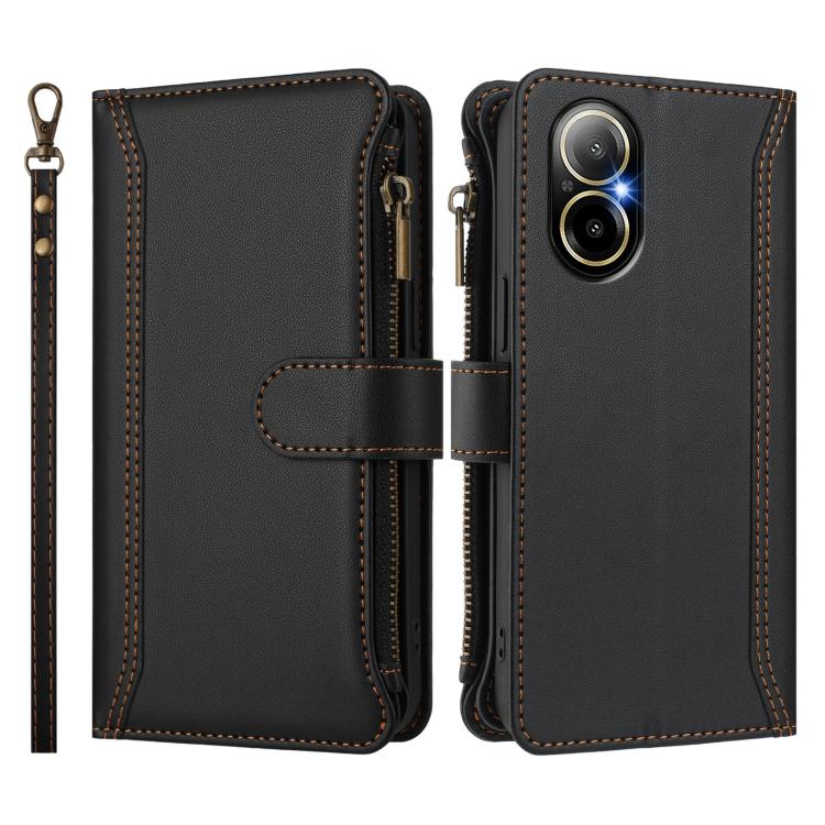 For Realme C67 4G Global / 12 Lite 4G Global Magnetic Closure 9 Card Slots Zipper Leather Case with Hand Strap