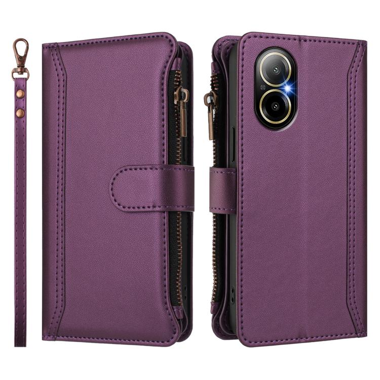 For Realme C67 4G Global / 12 Lite 4G Global Magnetic Closure 9 Card Slots Zipper Leather Case with Hand Strap