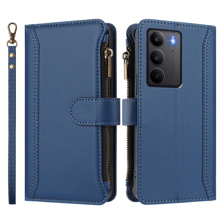 For Realme C75 4G Global / 14x 5G Global Magnetic Closure 9 Card Slots Zipper Leather Case with Hand Strap