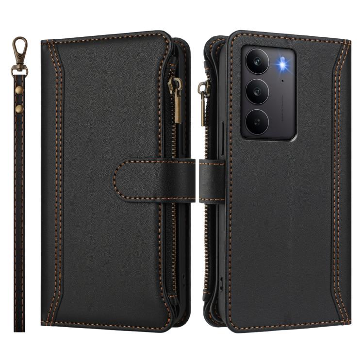For Realme C75 4G Global / 14x 5G Global Magnetic Closure 9 Card Slots Zipper Leather Case with Hand Strap
