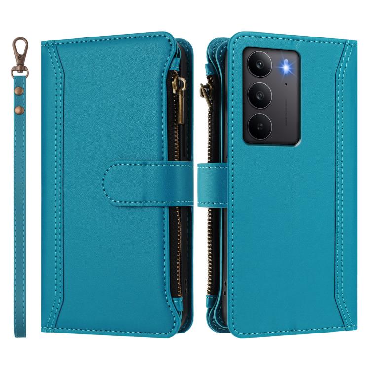 For Realme C75 4G Global / 14x 5G Global Magnetic Closure 9 Card Slots Zipper Leather Case with Hand Strap