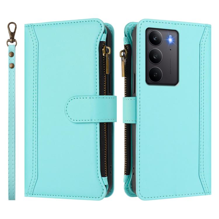 For Realme C75 4G Global / 14x 5G Global Magnetic Closure 9 Card Slots Zipper Leather Case with Hand Strap