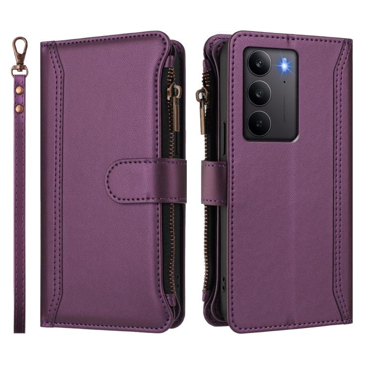 For Realme C75 4G Global / 14x 5G Global Magnetic Closure 9 Card Slots Zipper Leather Case with Hand Strap