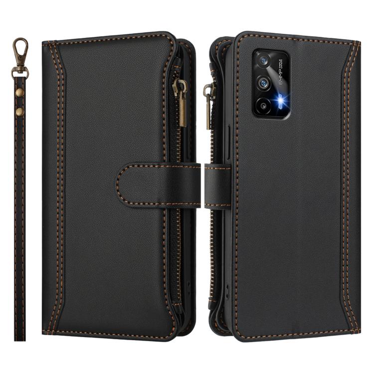 For Realme GT 5G / GT NEO 5G Magnetic Closure 9 Card Slots Zipper Leather Case with Hand Strap